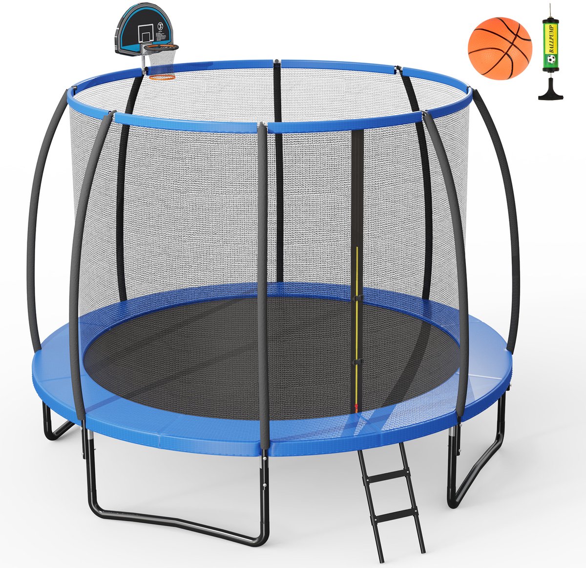 COSTWAY φ 244 / 305 cm trampoline outdoor, tuintrampoline met ladder, complete trampoline met basketbal, springmat, veiligheidsnet en randafdekking