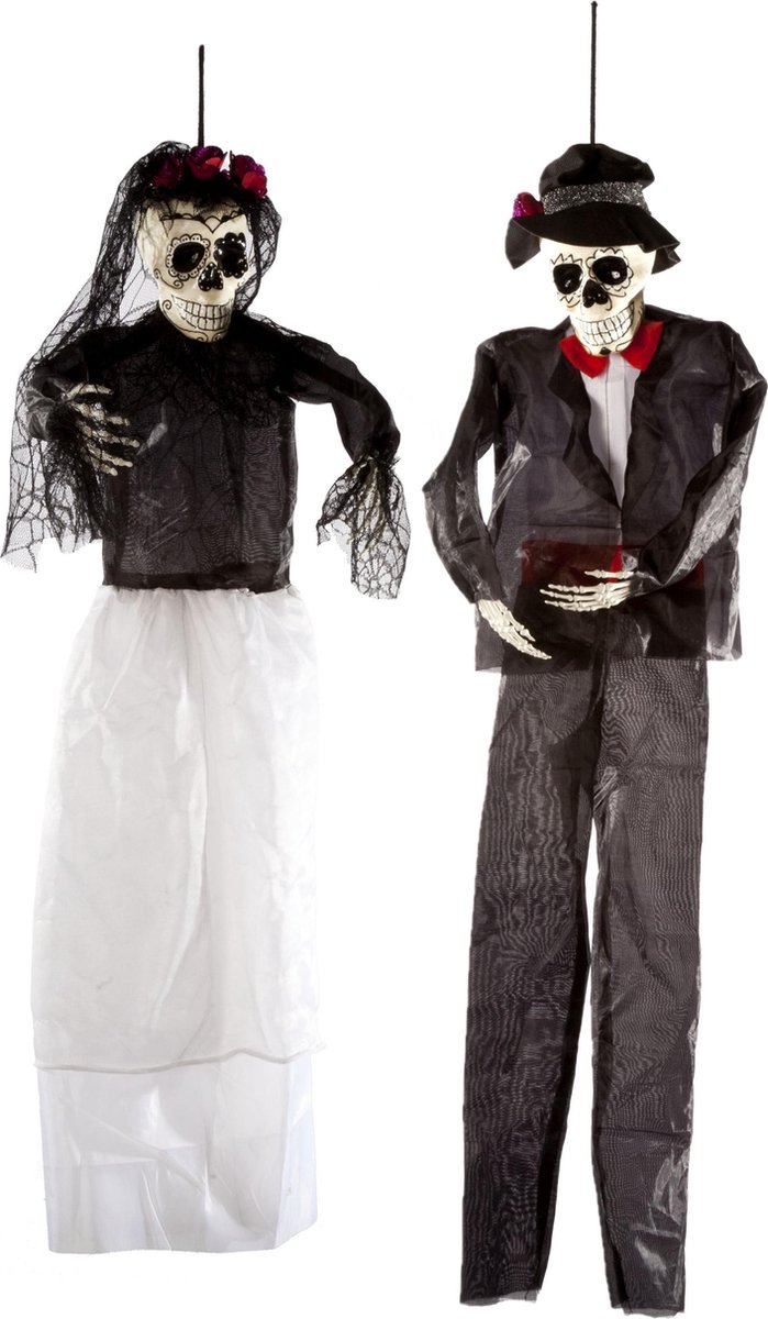 Halloween - Set van 2x hangende horror decoratie skelet 92 cm Day Of Death dame en heer - Halloween thema versiering poppen