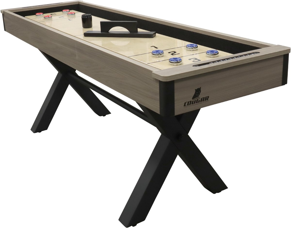   Mason American Shuffleboard Tafel – Luxe   met X-vormige Poten – Inclusief Tafelblad, Pucks & Scorebord – Stijlvolle Speltafel voor Jong en Oud – Eiken/Zwart