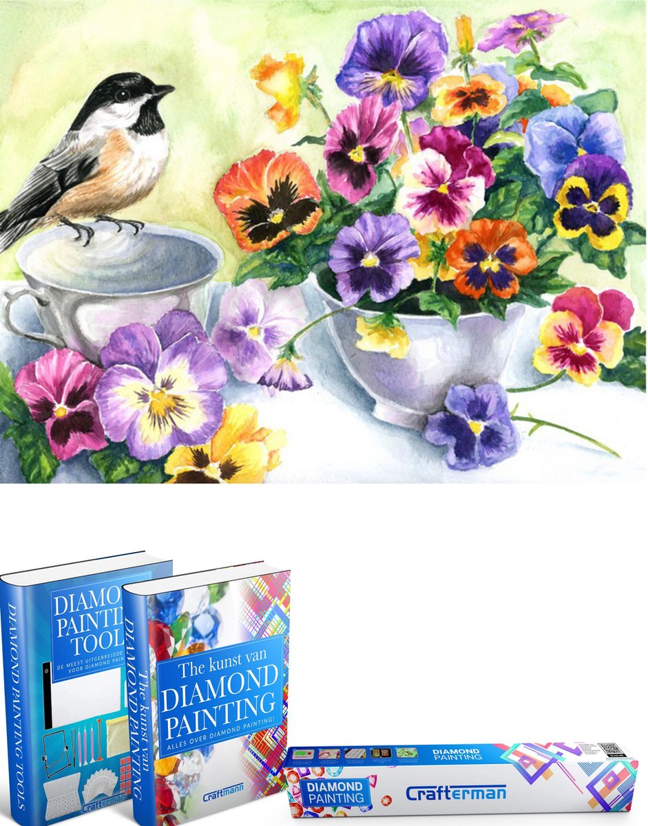 Crafterman™ Diamond Painting Pakket Volwassenen - 30x40cm - Vogel met bloemen (Viooltjes) - volledige bedekking - vierkante steentjes - 43 verschillende kleuren - hobby pakket - Met tijdelijk 2 E-Books