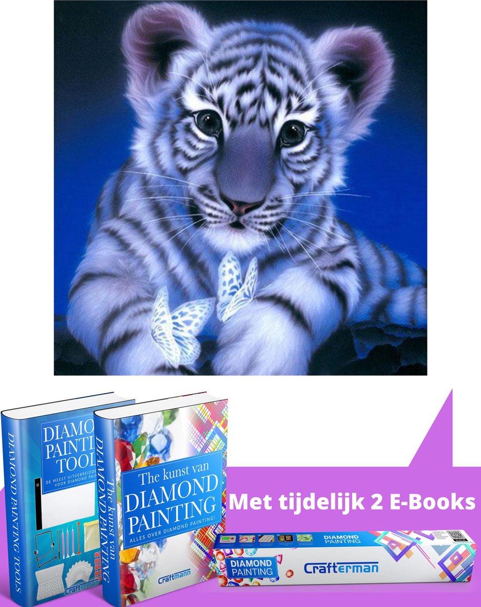 Crafterman™ Diamond Painting Pakket Volwassenen - Baby tijger met vlinder - 40x40cm - volledige bedekking - vierkante steentjes  - hobby pakket - Met tijdelijk 2 E-Books