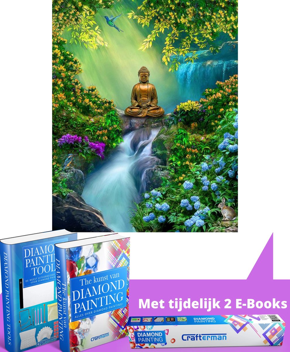 Crafterman™ Diamond Painting Pakket Volwassenen - Boeddha in de natuur met vogels, bloemen en dieren - 40x50cm - volledige bedekking - vierkante steentjes - hobby pakket - Met tijdelijk 2 E-Books