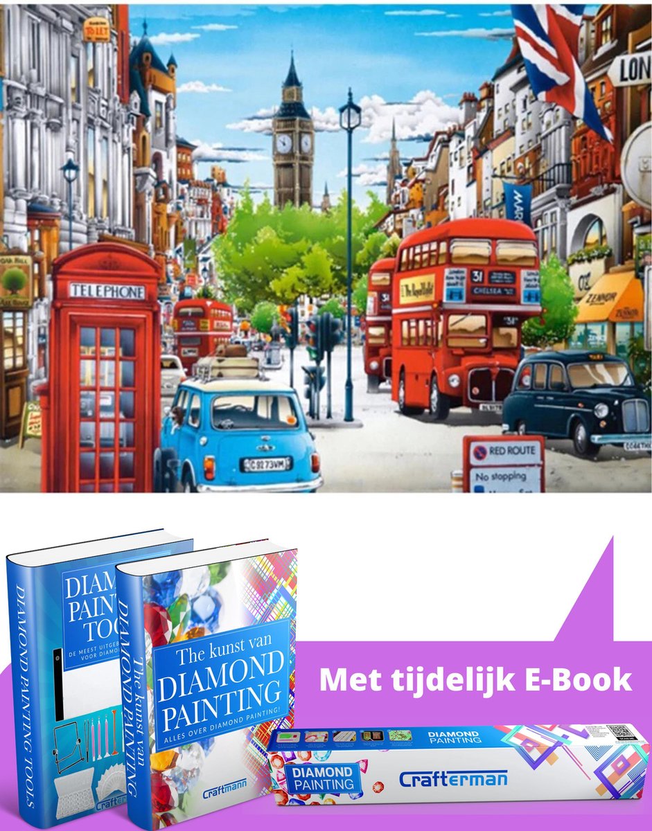 Crafterman™ Diamond Painting Pakket Volwassenen - Kleurrijk Londen - 50x40cm - volledige bedekking - vierkante steentjes  - hobby pakket - Met tijdelijk 2 E-Books