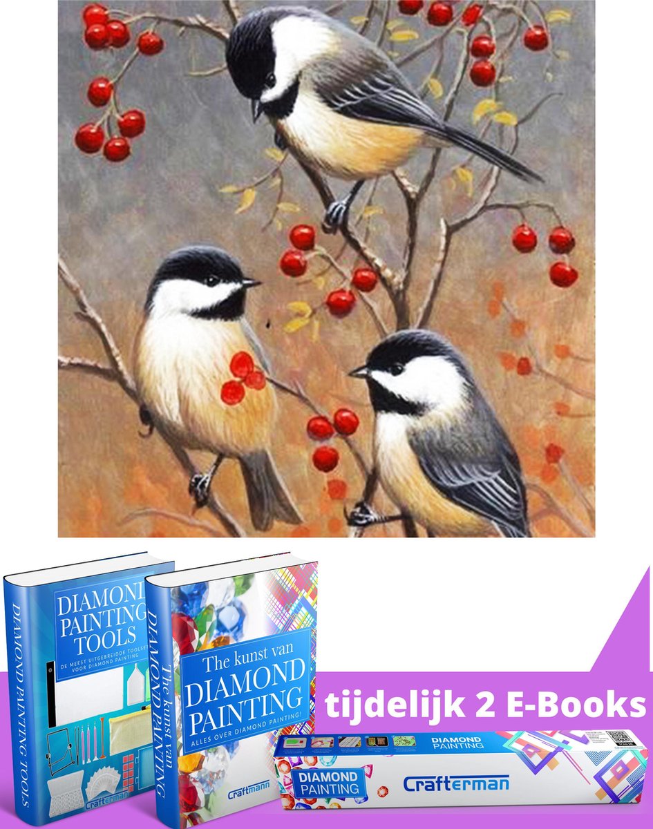 Crafterman™ Diamond Painting Pakket Volwassenen - Vogels met Bessen - 30x40cm - volledige bedekking - vierkante steentjes - 32 verschillende kleuren - hobby pakket - Met tijdelijk 2 E-Books