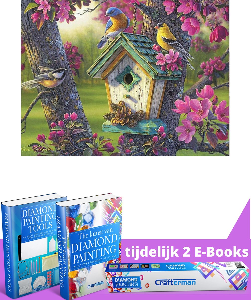 Crafterman™ Diamond Painting Pakket Volwassenen - Vogels met bloemen en vogelhuisje - 30x40cm - volledige bedekking - vierkante steentjes - 33 verschillende kleuren - hobby pakket - Met tijdelijk 2 E-Books