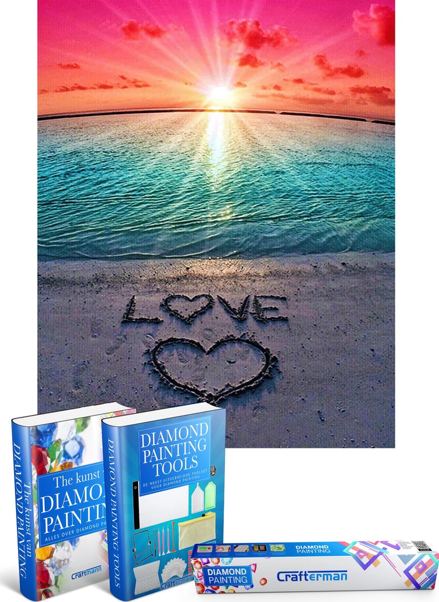 Crafterman™ Diamond Painting Pakket Volwassenen - Zonsondergang op het strand met love tekst - 25x35cm - volledige bedekking - vierkante steentjes - Met tijdelijk 2 E-Books