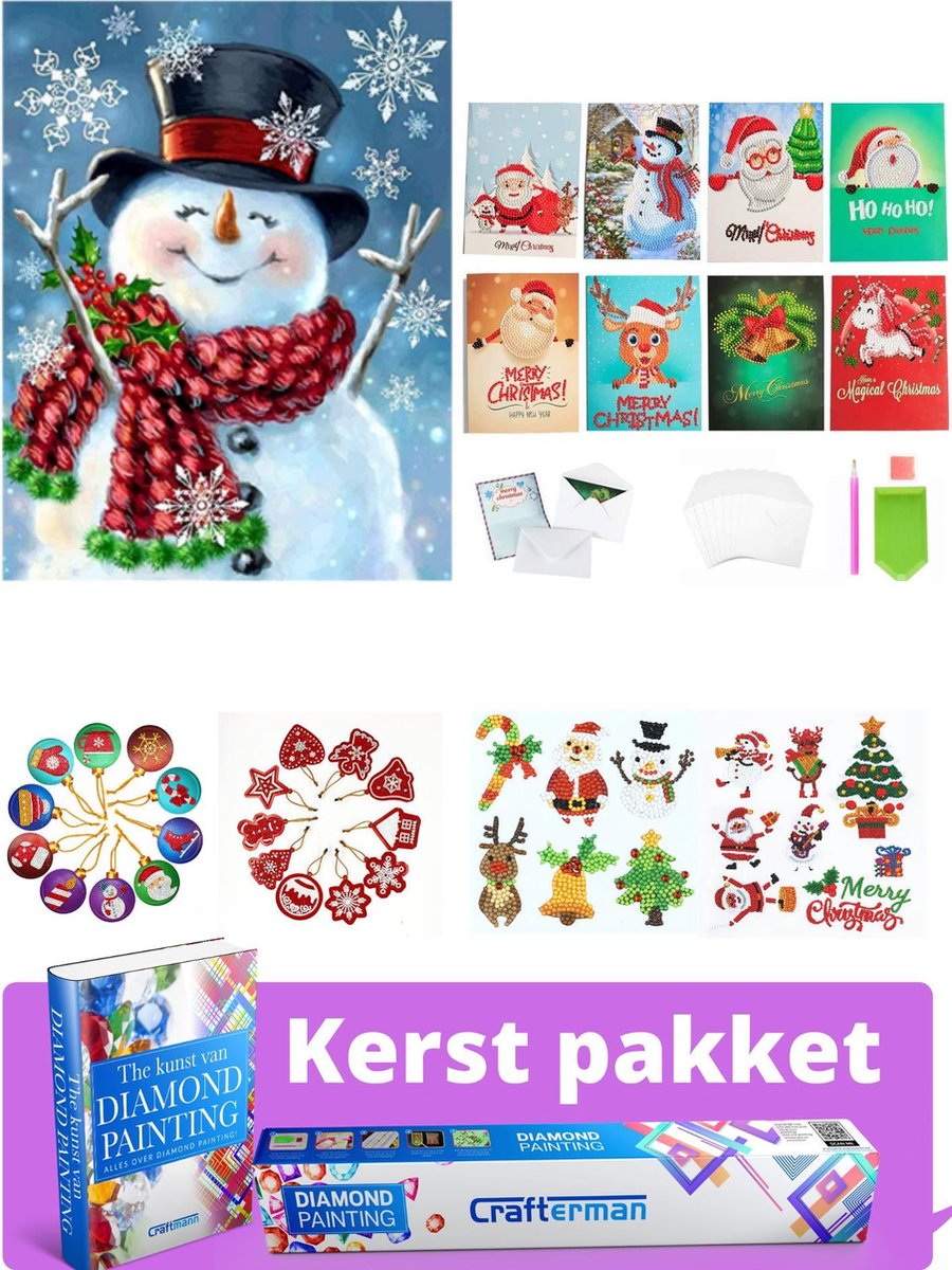 Crafterman™ Diamond Painting Pakket Volwassenen Kerst Sneeuwpop 30x40cm - 8 kerstkaarten - 14 kerst stickers - 20 kerstboom versieringen -  hobby pakket - 2 E-Books