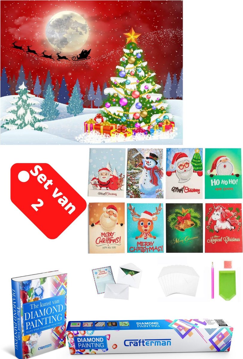 Crafterman™ Diamond Painting Volwassenen VOORDEEL SET VAN 2 STUKS - Kerstman met kerstboom 30x40cm (vierkante steentjes) & 8 stuks kerstkaarten (ronde steentjes) - volledige bedekking  - hobby pakket - Met 2 E-books