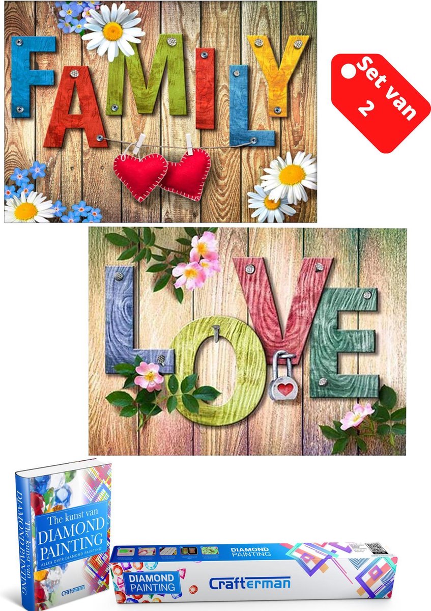 Crafterman™ Diamond Painting Volwassenen  VOORDEEL SET VAN 2 STUKS - Liefdes tekst 30x40cm & Familie tekst 30x40cm - vierkante steentjes - volledige dekking - met 2 e-Books