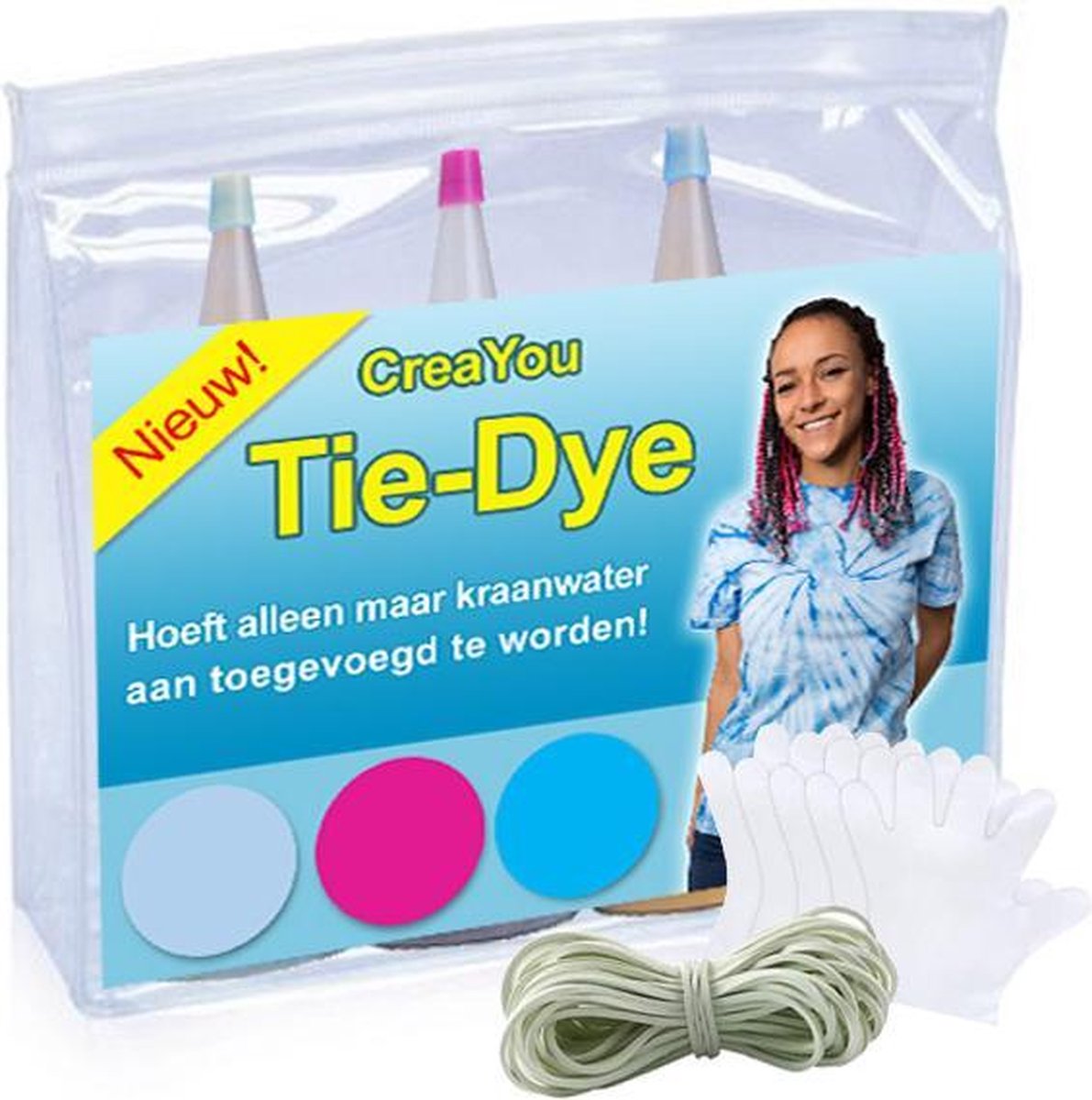 CreaYou Tie-Dye Kit Premium Set Compleet - Tie Dye Set - Hoge Kwaliteit Kleuren - Inclusief Elastieken, Handschoenen en Nederlandse Handleiding - Blauw, Fuchsia, Turquoise