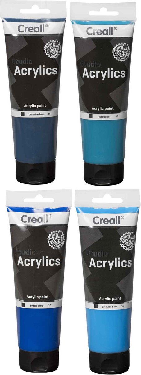 Acryl Verf Set - 4 kleuren - 4x250ml=totaal 750ml  Kleuren: Primary Blue, Phtalo Blue, Prussian Blue en Turquoise