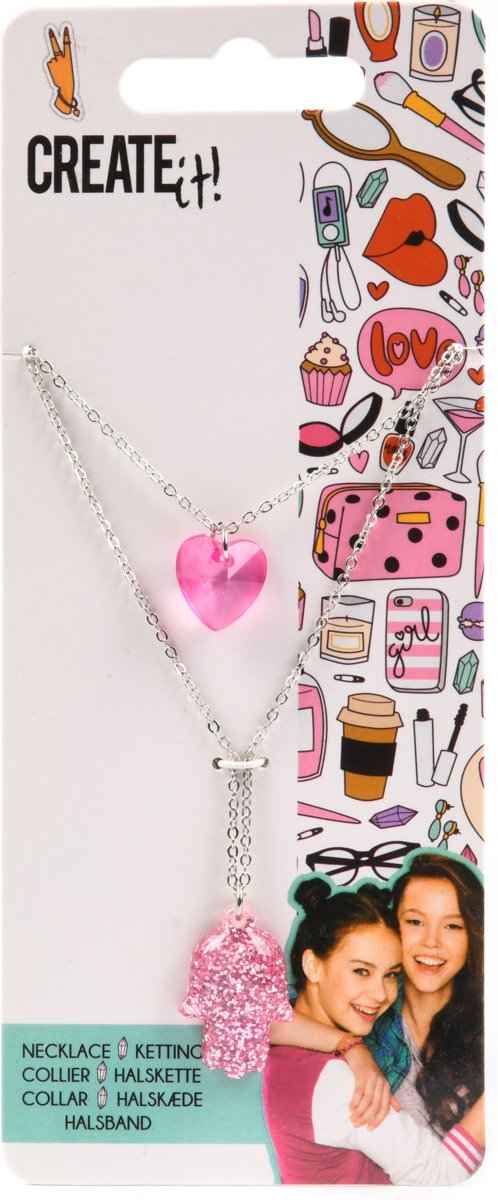 Create It! Ketting Met Hartje En Handje Zilver/roze