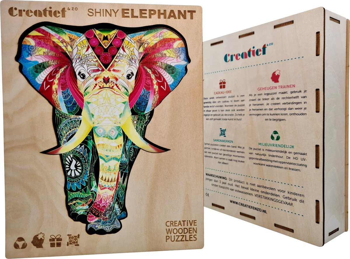 Stralende Olifant - Houten Puzzel - Jigsaw puzzels - Volwassenen - A3