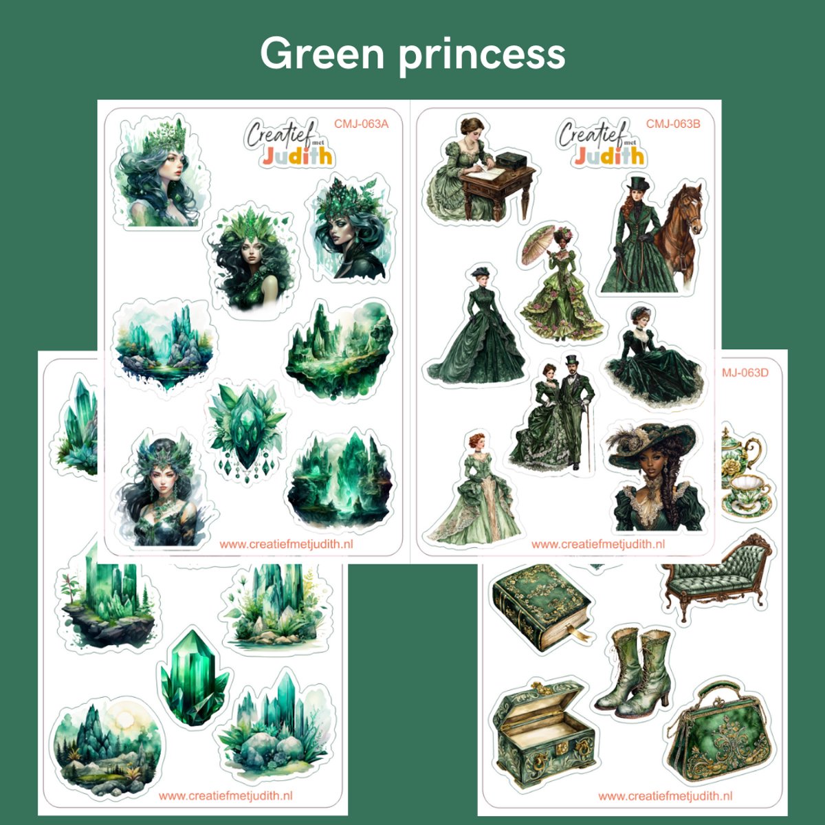 Bullet Journal Stickers - Planner Agenda Stickers - Green prinsess stickers - 4 stickervellen - Crystal - Scrapbook stickers - Deco stickers - victorian stickers - volwassenen en kinderen