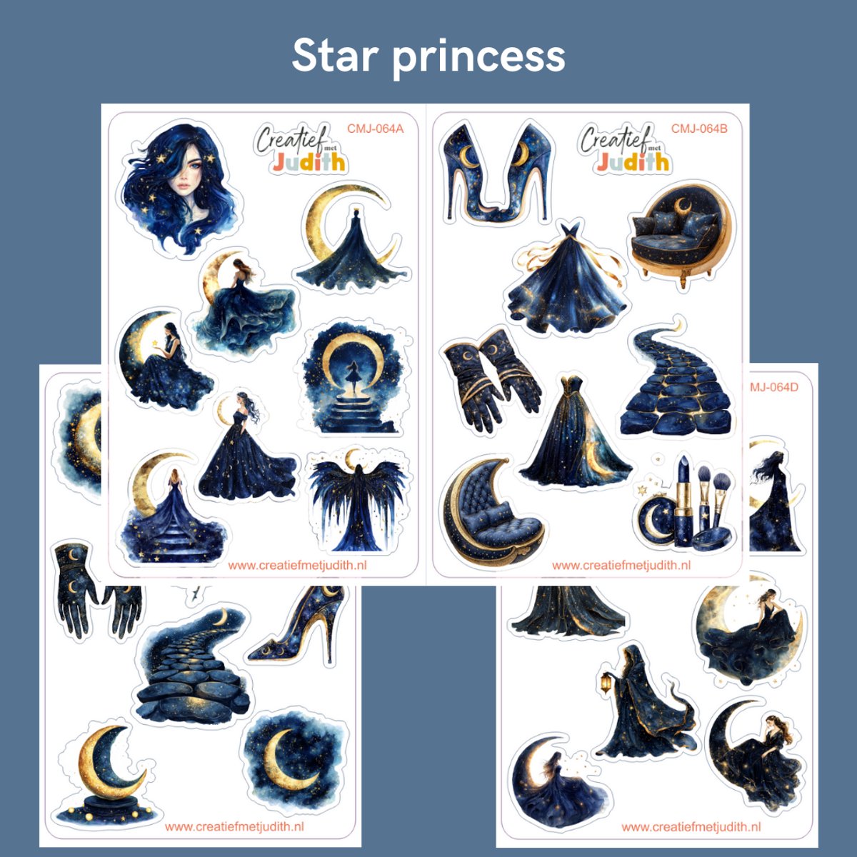 Bullet Journal Stickers - Planner Agenda Stickers - Star princess stickers - 4 stickervellen - maan - Scrapbook stickers - Deco stickers - blauw stickers - volwassenen en kinderen