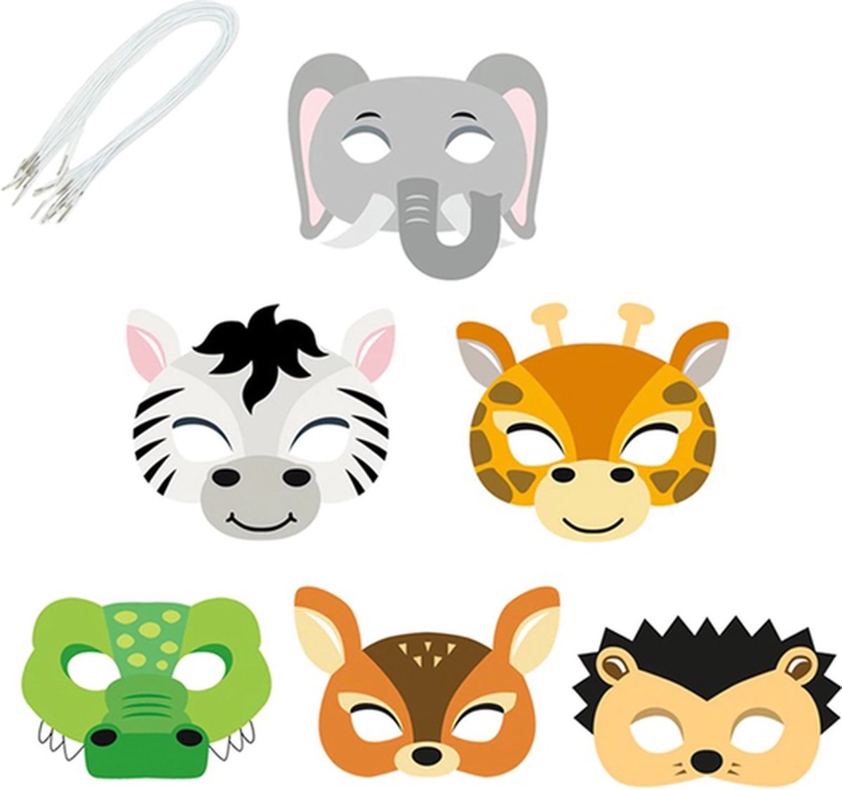 Dieren Maskers - Verkleedmaskers - Feestje - Verjaardag - Zebra, Krokodil, Giraffe, Olifant, Hert, Egel - Kinderen - 9,5x17x0,3cm - 2x6 stuks