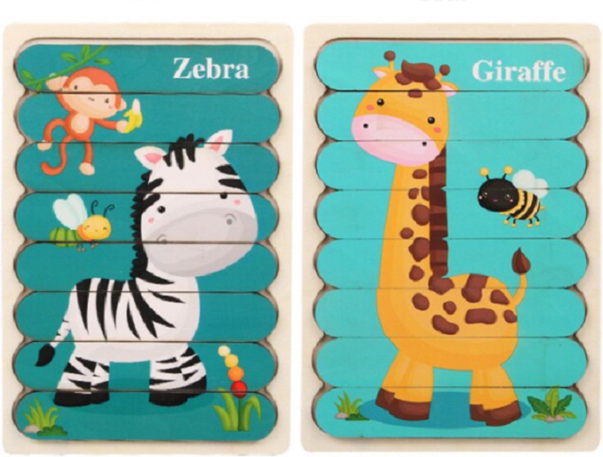 Puzzel Ijsstokjes Vorm - Beide kanten bedrukt - Giraffe & Zebra - Hout - Kinderen - 12x18cm - 8 stukjes