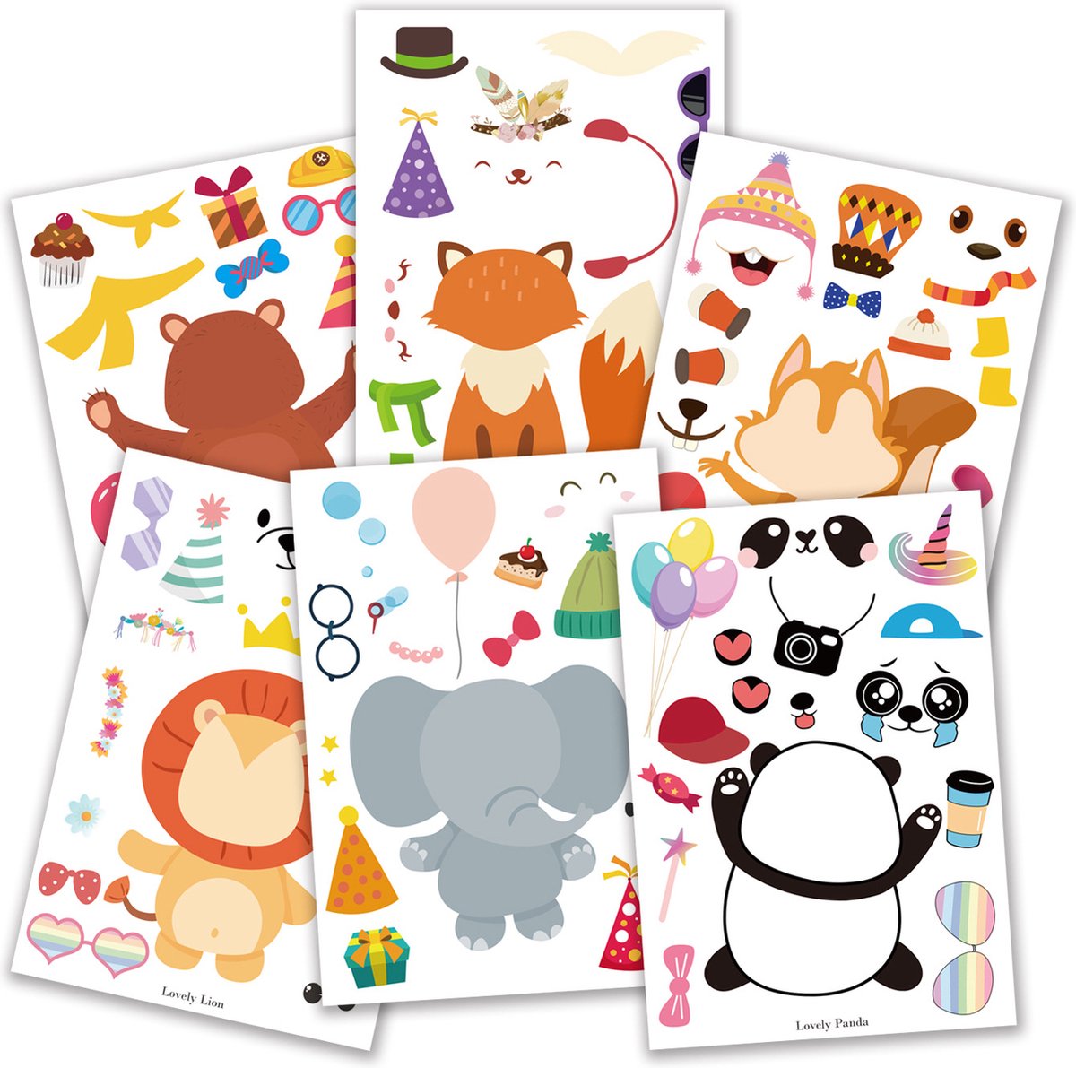 Puzzel Stickers - Zelf Gezichten Maken en Aankleden - Dieren - Leeuw, Eekhoorn, Panda, Beer, Olifant, Vos - 6x4 stickervellen