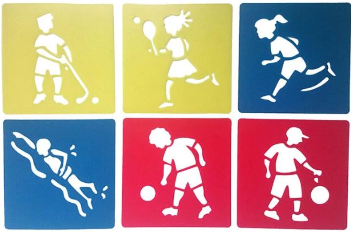 Teken Sjablonen Kinderen - Stencils Tekenen - Sport - Tennis, Voetbal, Zwemmen, Hardlopen, Hockey, Basketball - 6 stuks