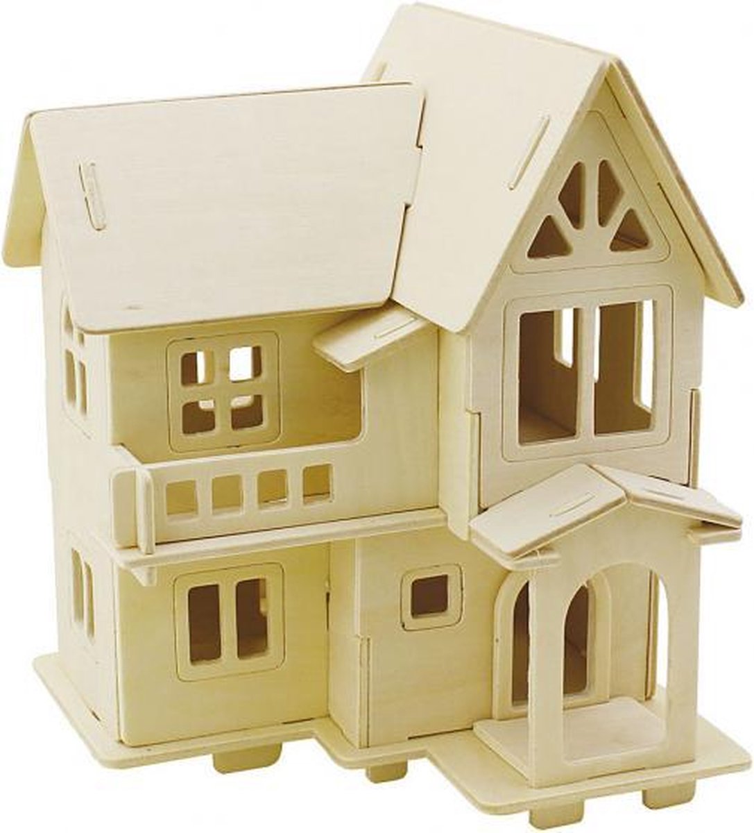 3D houten set huis met balkon 15,8 x 17,5 x 19,5 cm