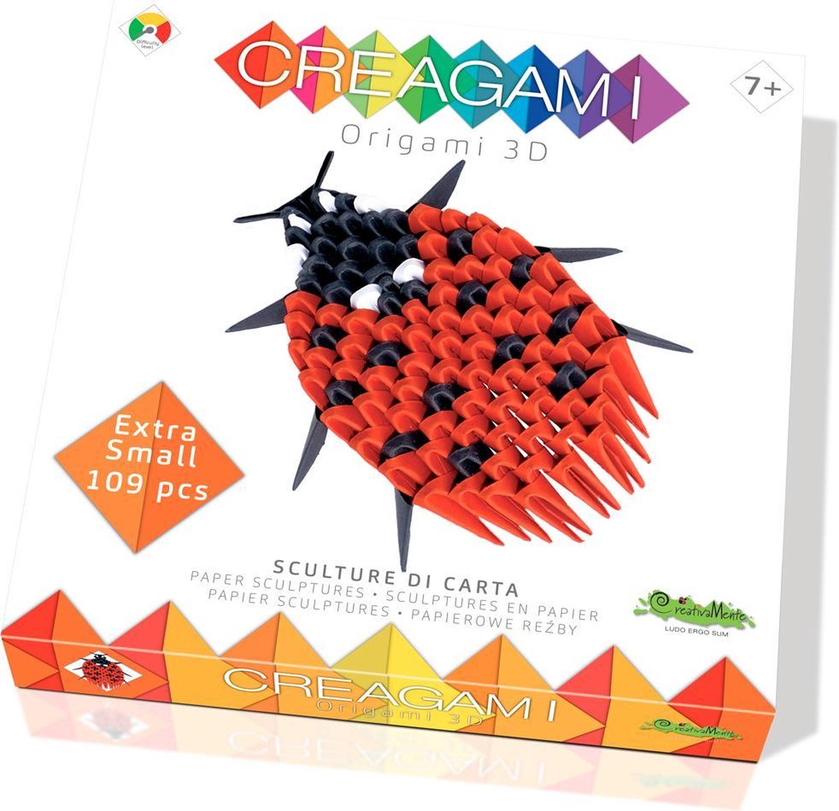 Creagami XS: LIEVEHEERSBEESTJE Origami 3D H10cm, 109-delig, doos 21x21x3cm. Made