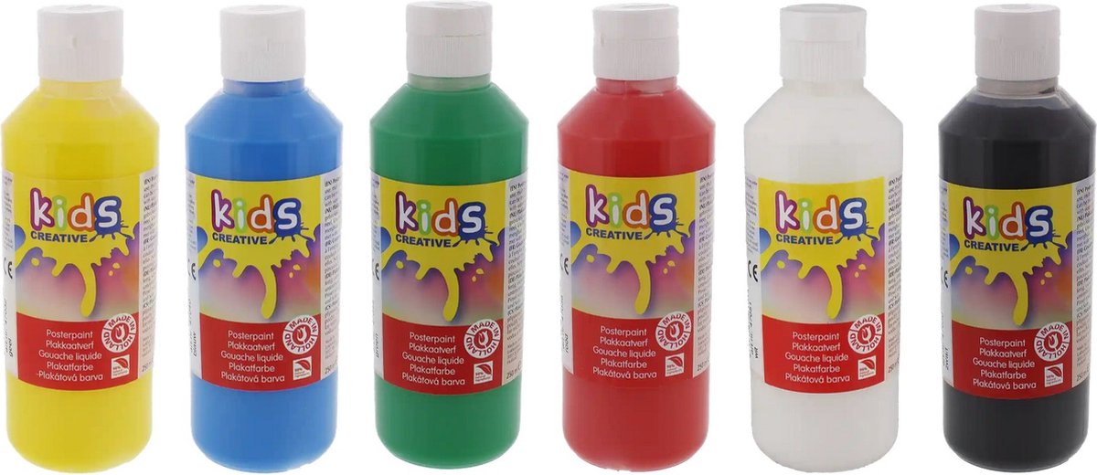 Kids Creative plakkaatverf - 6X 250 ml Zwart, Wit, Rood, Groen, Blauw, Geel - 98% Natuurlijke ingrediënten