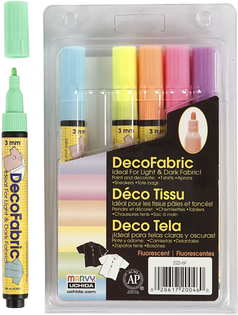 Deco textielstift,  3 mm lijn, neon kleuren, 6 assorti