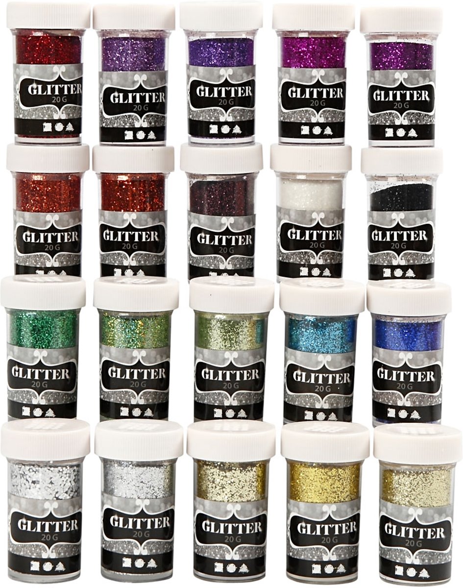 Glitter, 20x20 gr, diverse kleuren