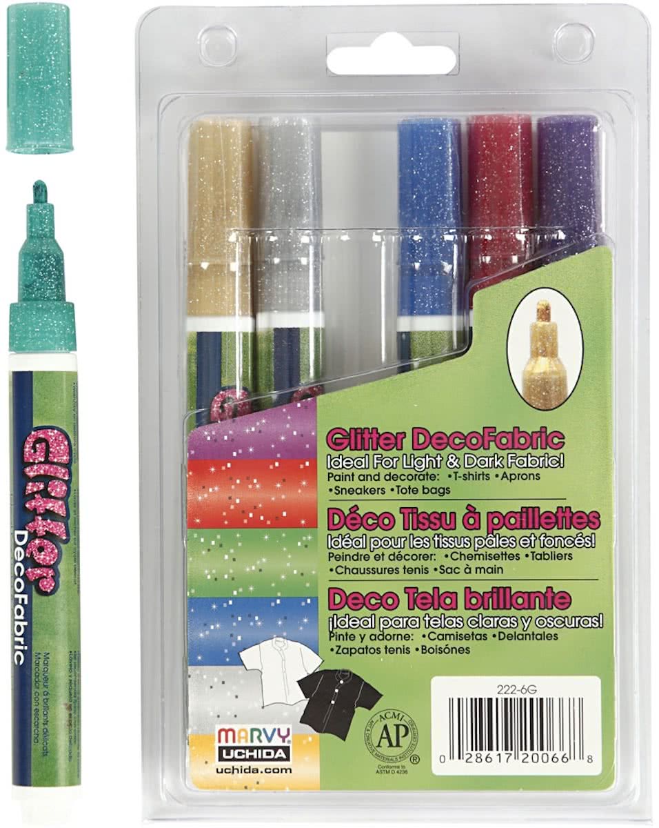 Glitter Deco Textielstift,  3 mm lijn, 6 assorti