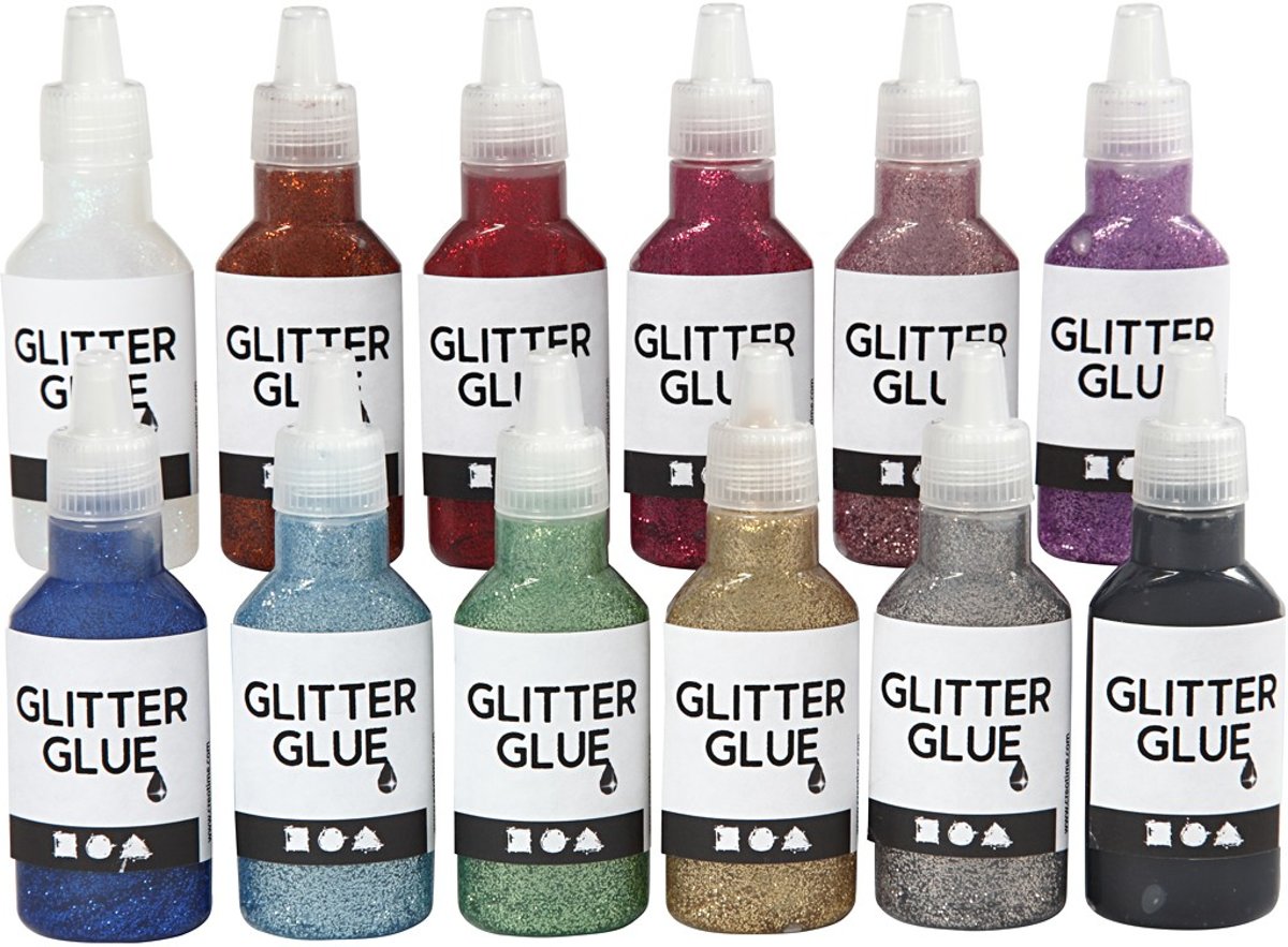 Glitterlijm, 12x25 ml, diverse kleuren