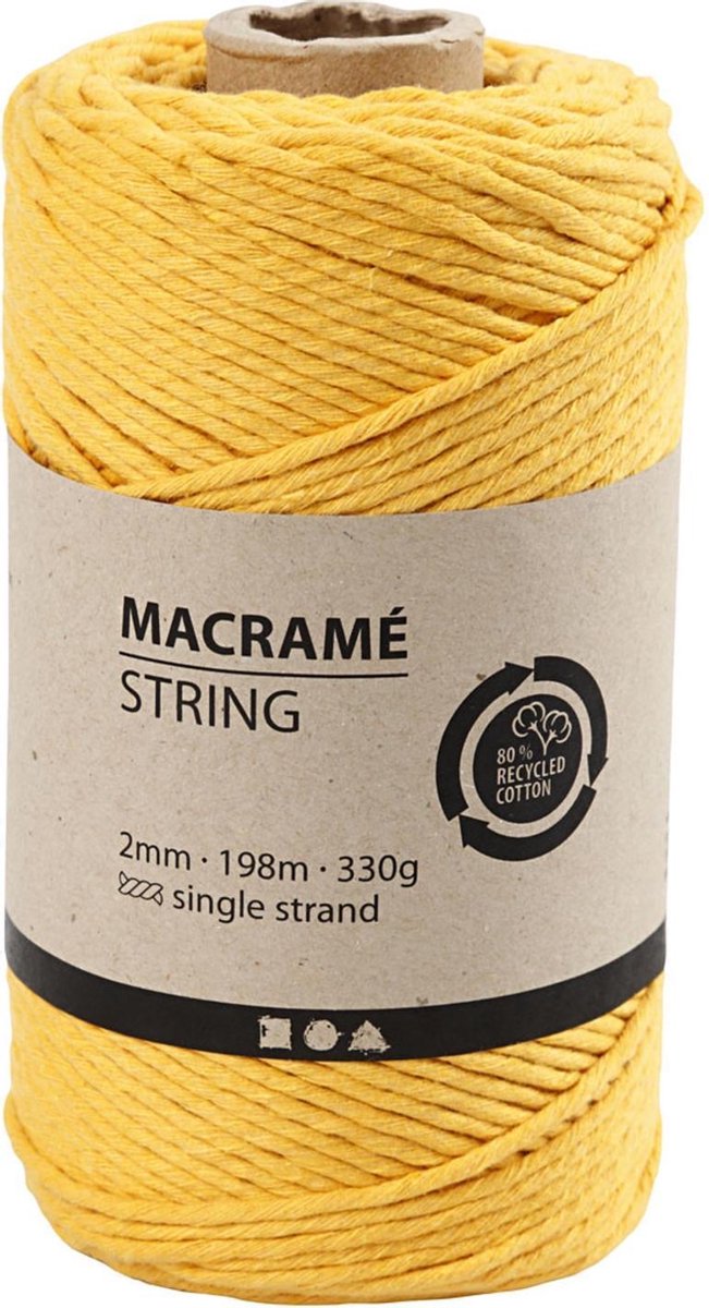 Macramé  , geel, L: 198 m, d: 2 mm, 330 gr/ 1 rol