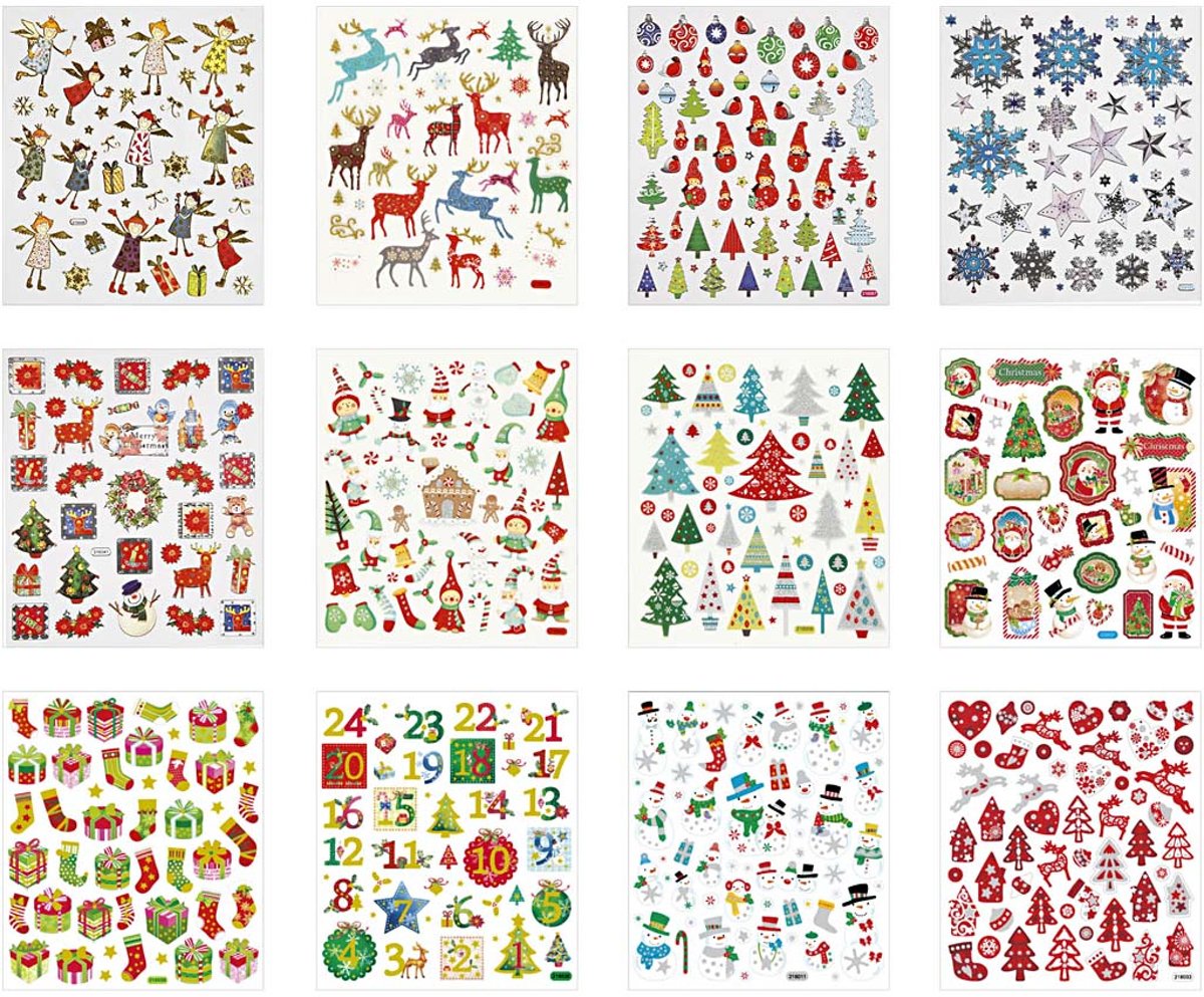 Sticker boek, vel 15x16,5 cm, Kerst, 12 assorti vel