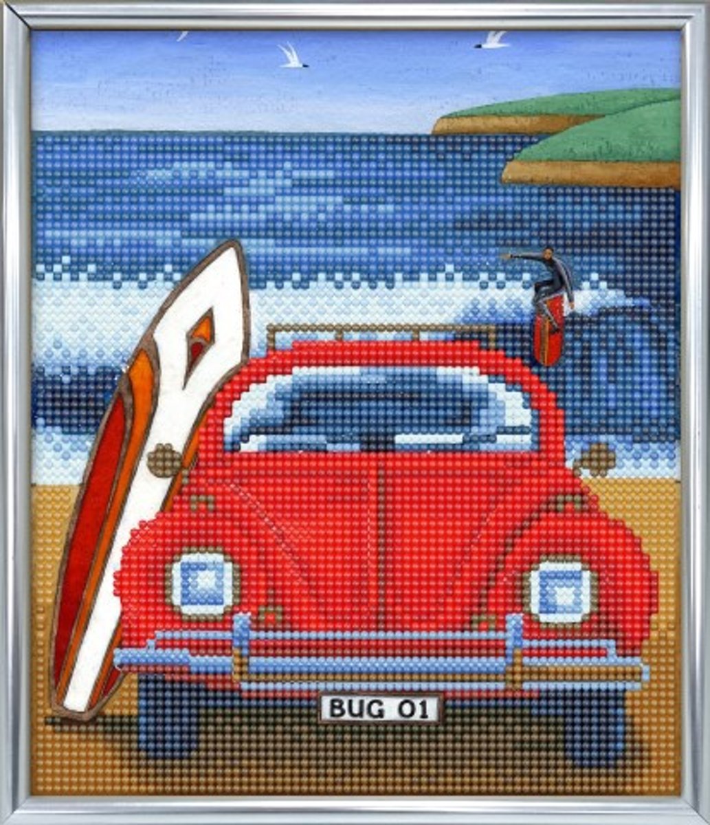 Diamond Painting Crystal Art Kit ® Beetle on the Beach 21x25 cm incl. zileveren frame met standaard, partial painting portrait