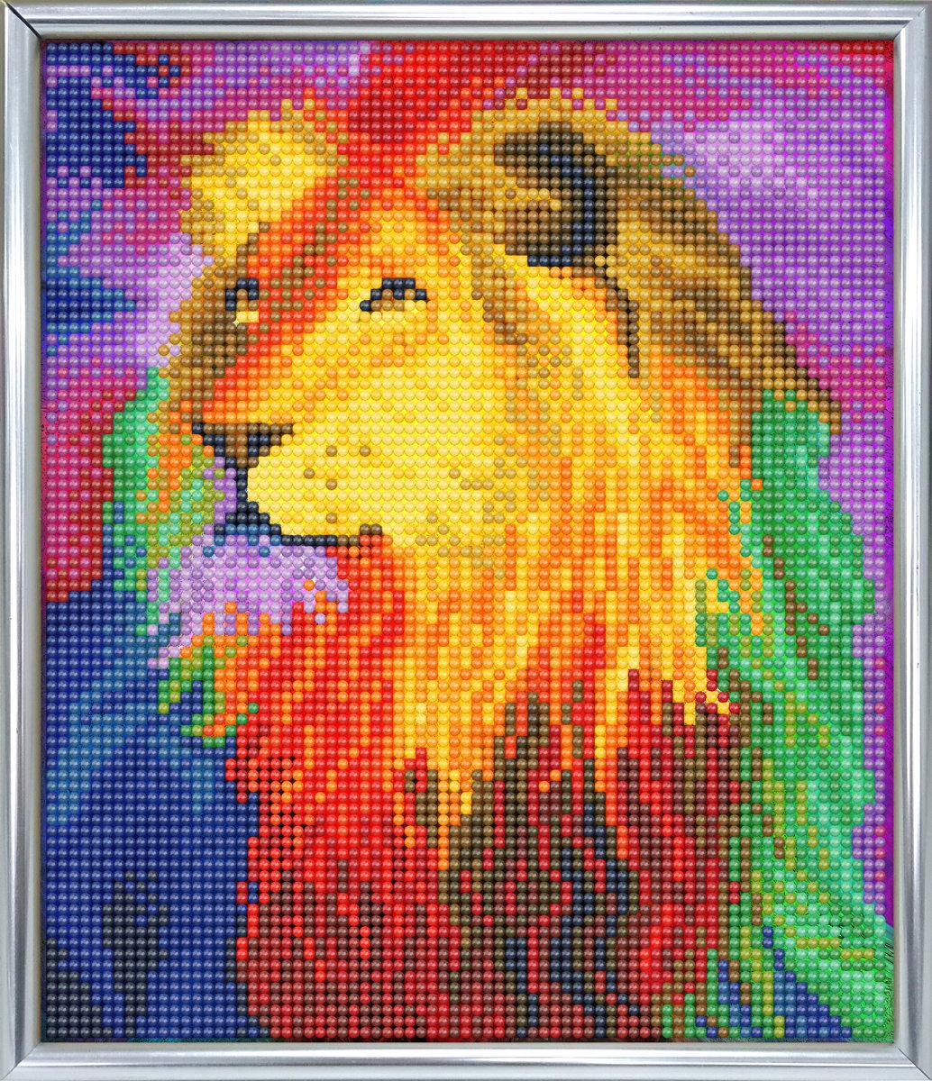 Diamond Painting Crystal Art Kit ® Rainbow Lion 21x25 cm incl. zilveren frame met standaard, partial painting portrait