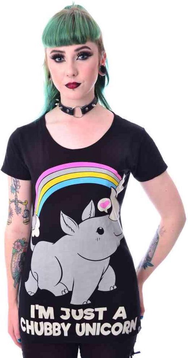 Cupcake Cult Dames Tshirt -L- JUST A CHUBBY UNICORN Zwart