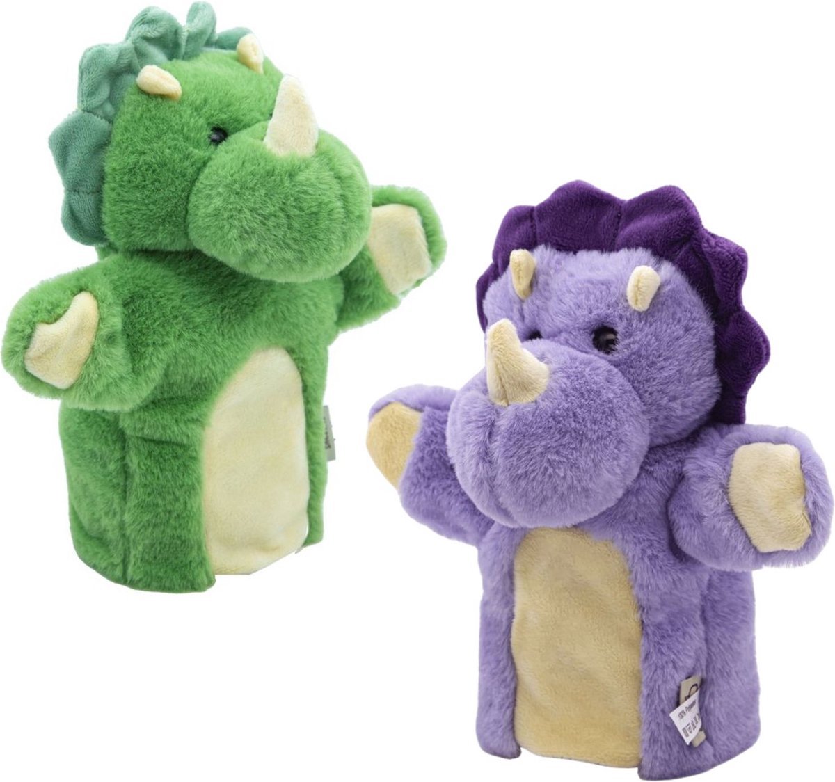 Cute since 1999 - Dinosaurus Handpop bundel - Dino handpoppen - Poppenkast poppen - Groen & Paars - 20cm