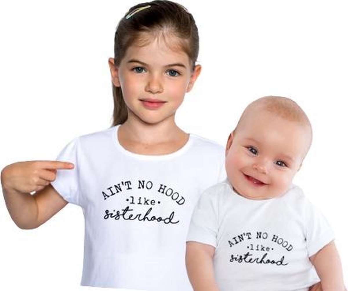 Grote zus shirt – Sisterhood - Leeftijd: ca. 5 tot 6 jaar en baby romper (0-3 maanden) – set van 2