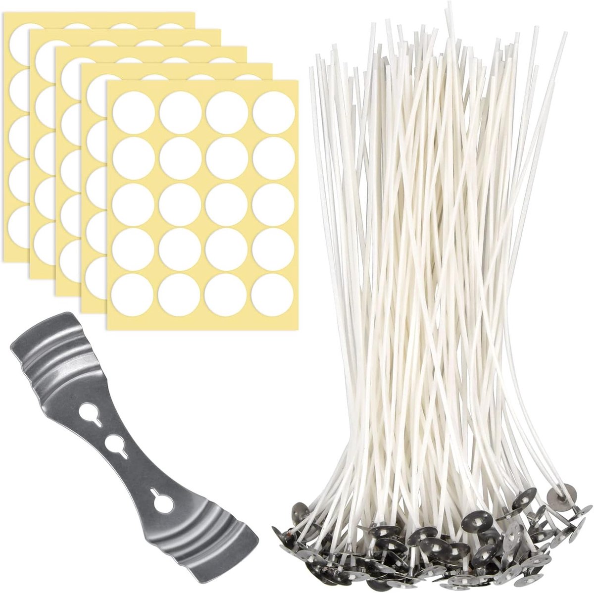 Kaarsenmaakset - 100 stuks kaarsenlonten, 20 cm natuurlijke katoenen kaarsenlonten met 100 stuks dubbelzijdige stippenlontstickers en 1 stuk roestvrijstalen kaarsenlonthouder