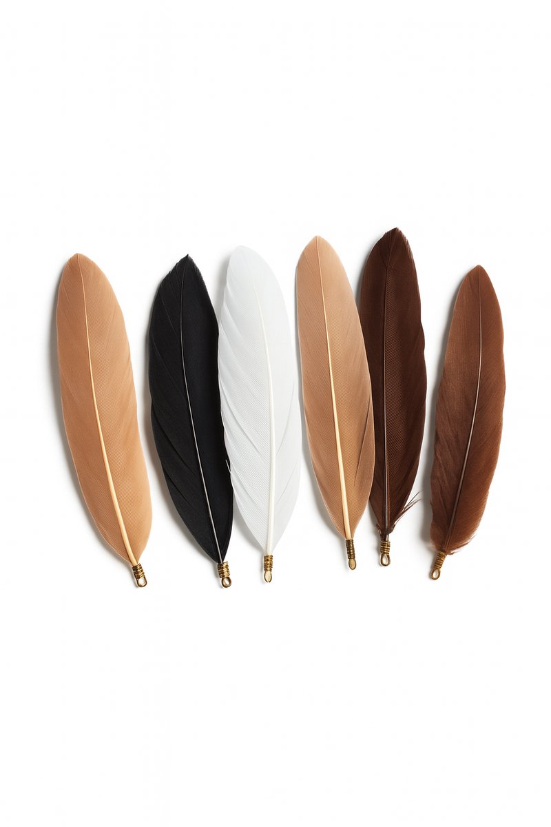 Verenset - Veertjes - 8 stuks - 4 kleuren - Wit - Zwart - Bruin - Beige - Veren - Veer - Knutselen - Ongeveer 8 cm per stuk