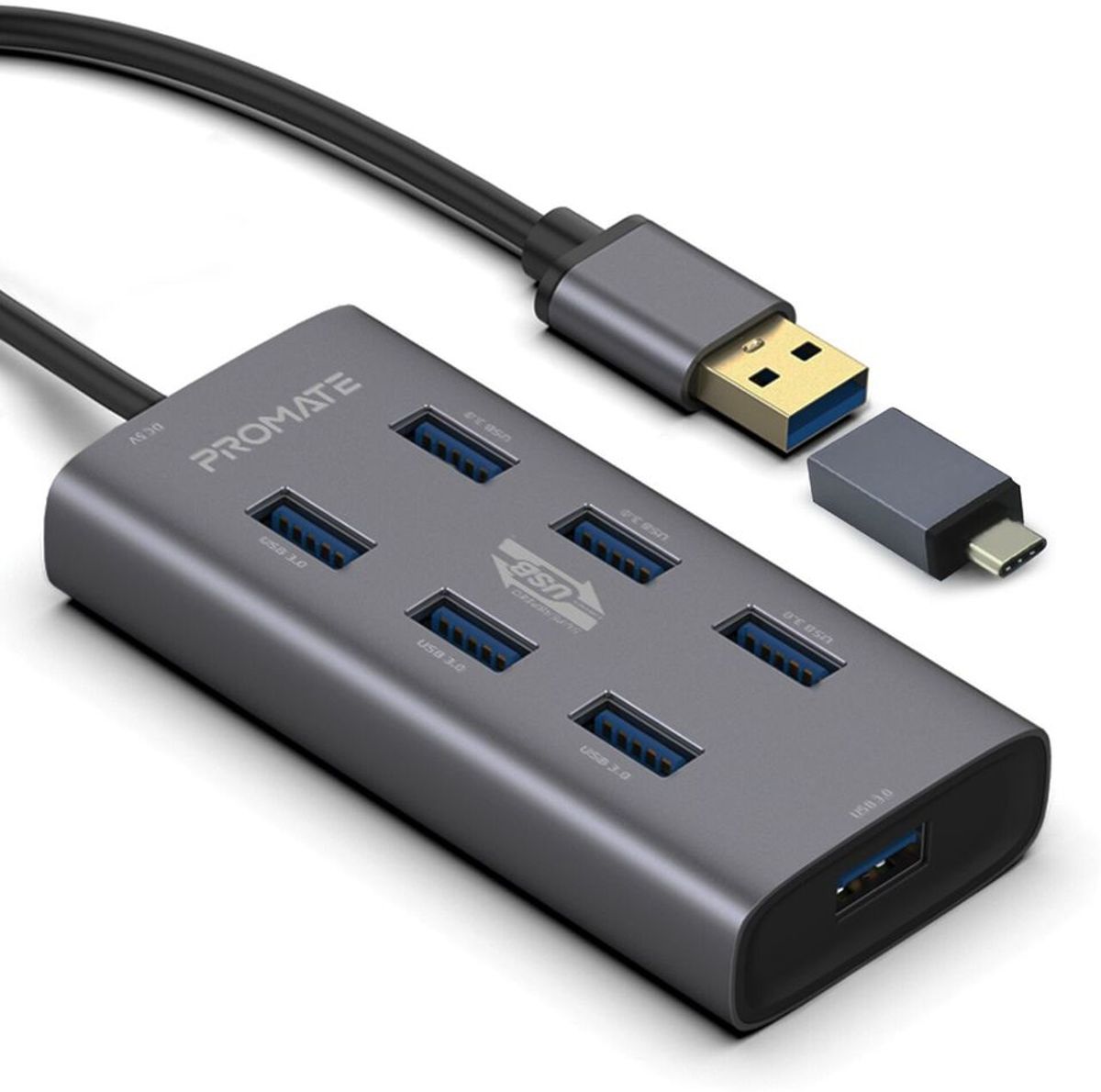 DELTACOPROM EZHUB-7DEL, 7 poorten USB 3.0 hub, USB-C-adapter, 5Gbps synchroniseren en opladen, aluminium - grijs