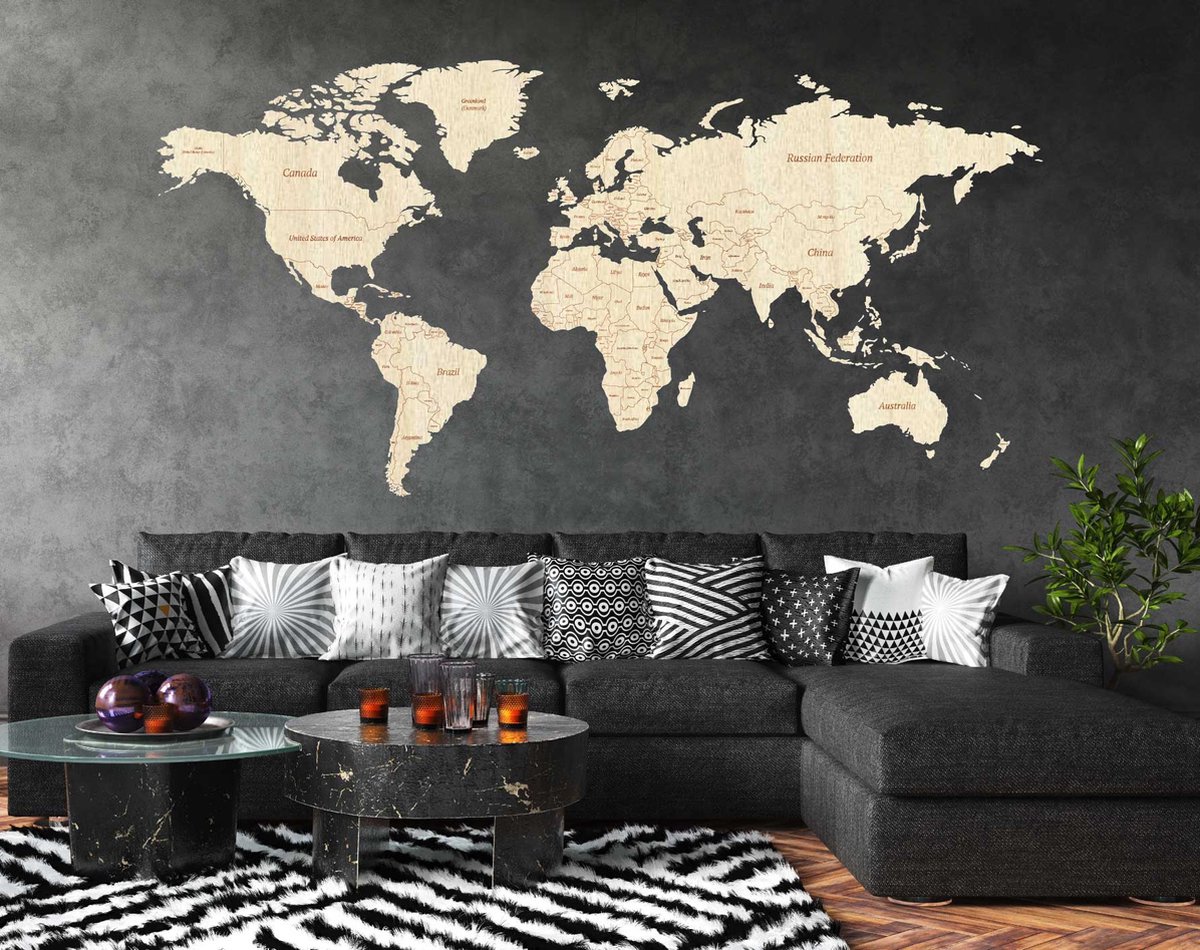     Hout - Landsgrenzen / Namen Landen - Zwart - 220cm x 109cm