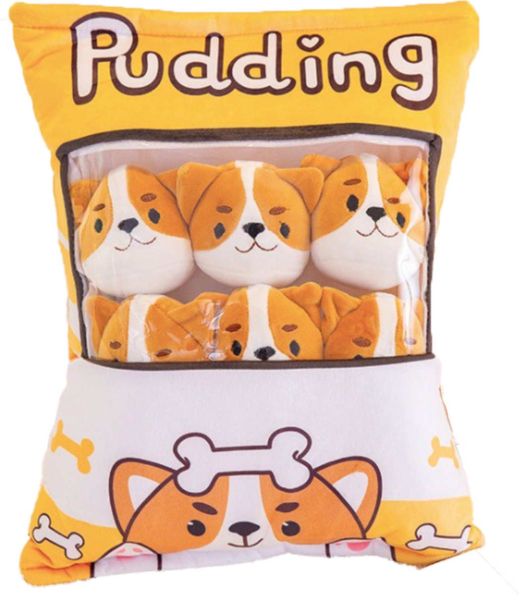 DN - Kawaii Kussen - Knuffel met doorkijkvenster - Gevuld met 8 kleine knuffeltjes - Oranje - Hond