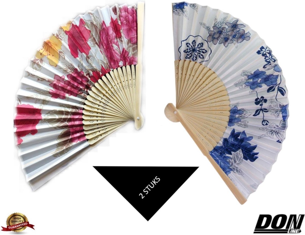 2 Stuks - DONLINE - Chinese Handwaaier - Draagbaar - Opvouwbaar Bloemen Ontwerpen 21cm (Uitgevouwen Breedte 38cm) – 1 x Blauw – 1 x Wit – Leuk Cadeau voor Verjaardagen, Valentijnsdag, Moederdag en Kerst