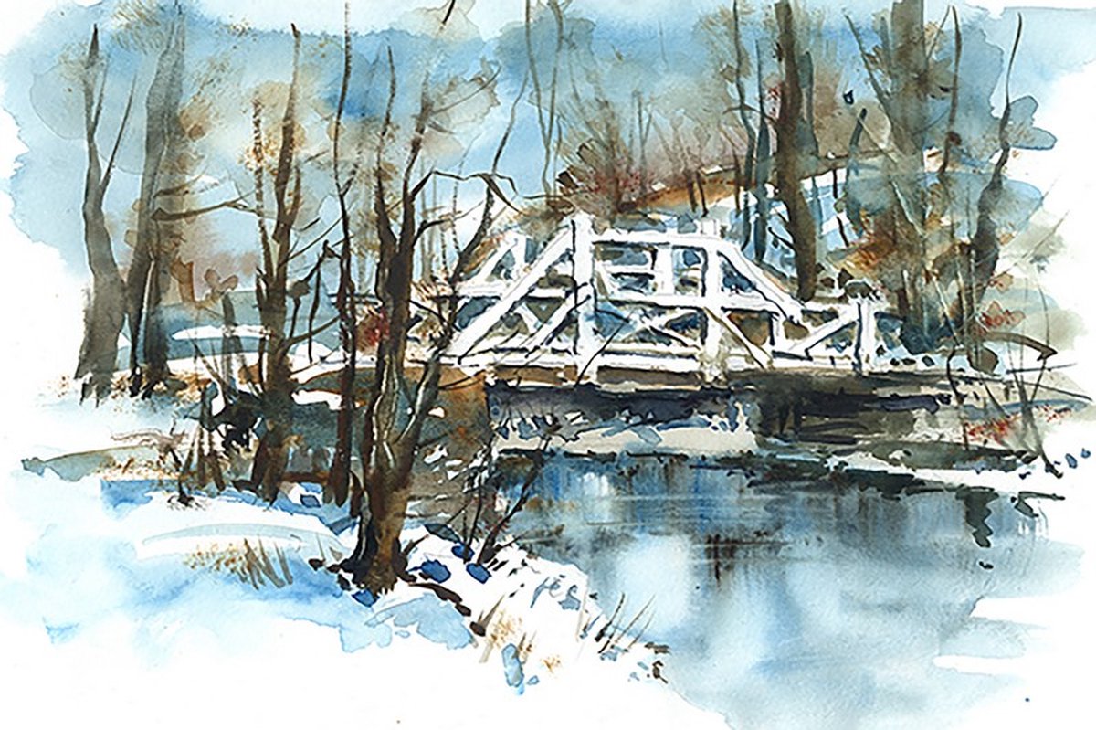 DP Benelux Diamond Painting - Aquarel Winterse Brug  - formaat 150 x 100 cm - Volledige bedekking - Vierkante steentjes in afsluitbare potjes – Gemaakt in Nederland – Hoogste kwaliteit – Snelle levering!