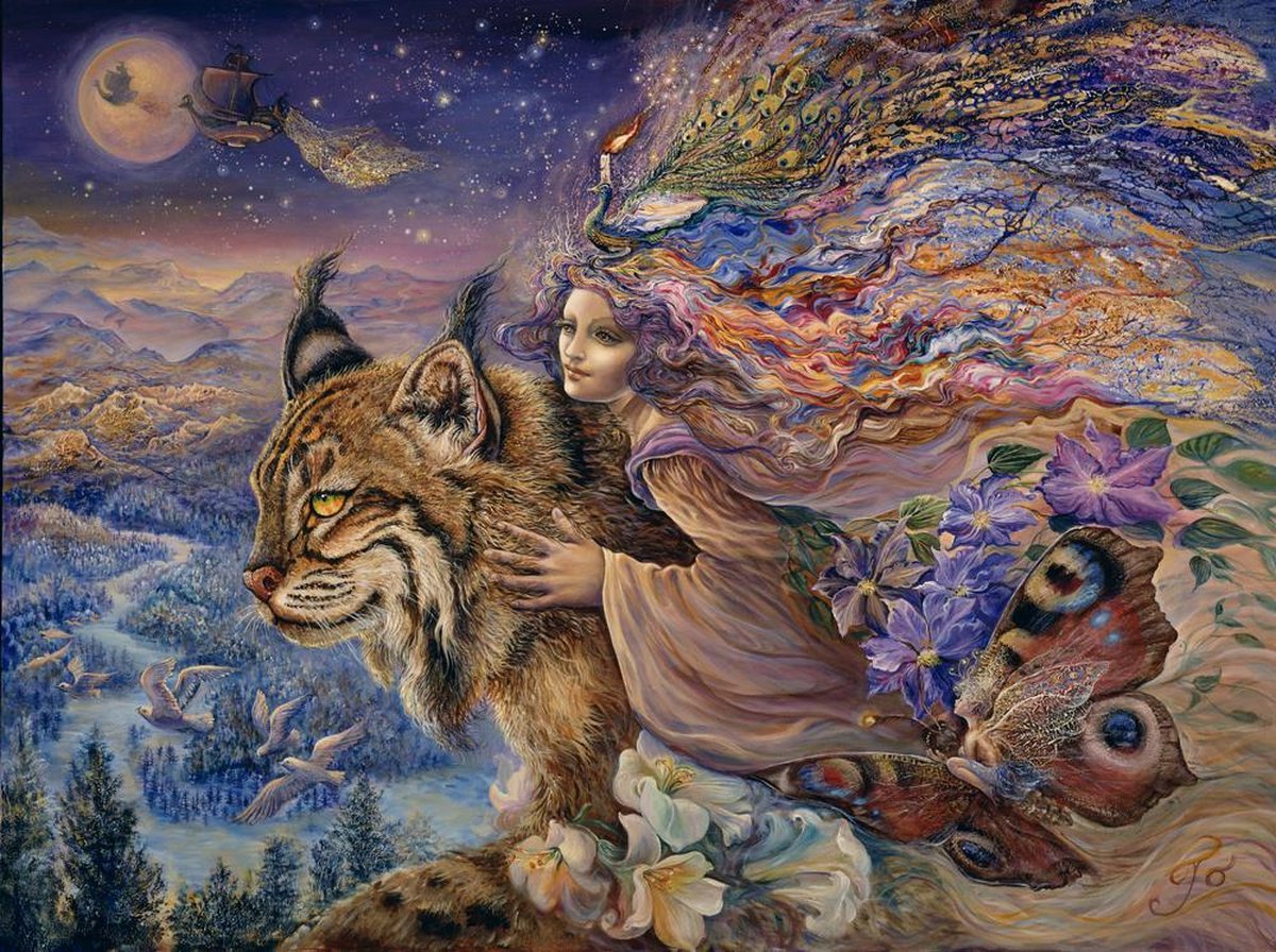 Josephine Wall   Flight of the Lynx, 90x67cm, 165 Kleuren vierkante steentjes