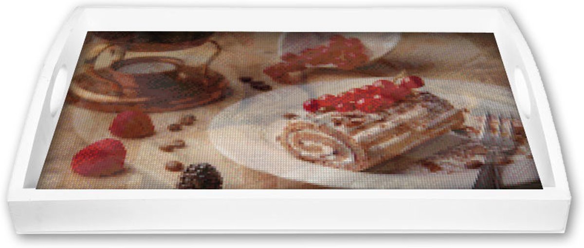 Diamond Painting + passend Dienblad met glas - Afbeelding Stilleven Cake - 47 x 30 cm