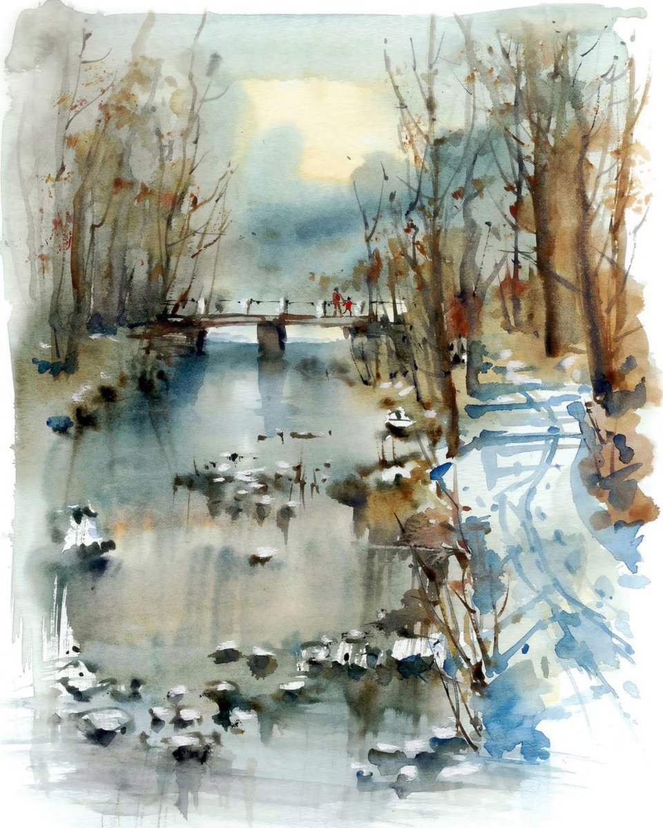 Diamond Painting Aquarel winterse bosrivier - 40 x 50 cm FULL (vierkante steentjes) EIGEN PRODUCTIE!