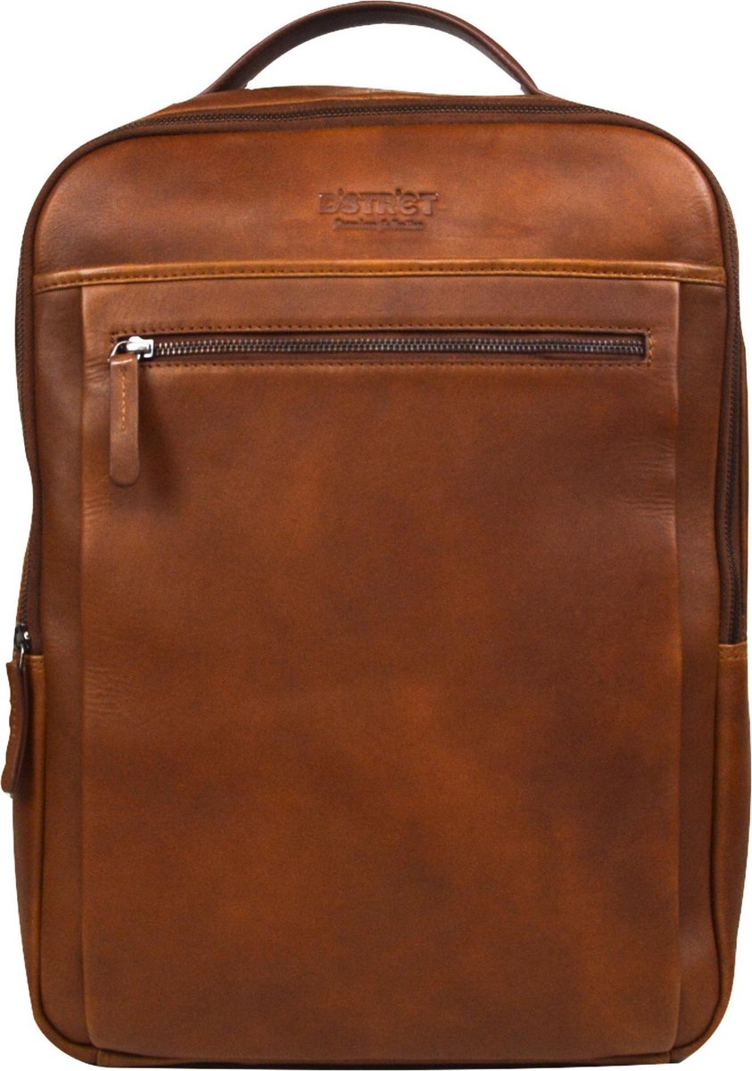 DSTRCT Premium Collection Leren Business Laptoptas - 15.6 inch laptopvak met rits - Inclusief onderhouspakket - Cognac