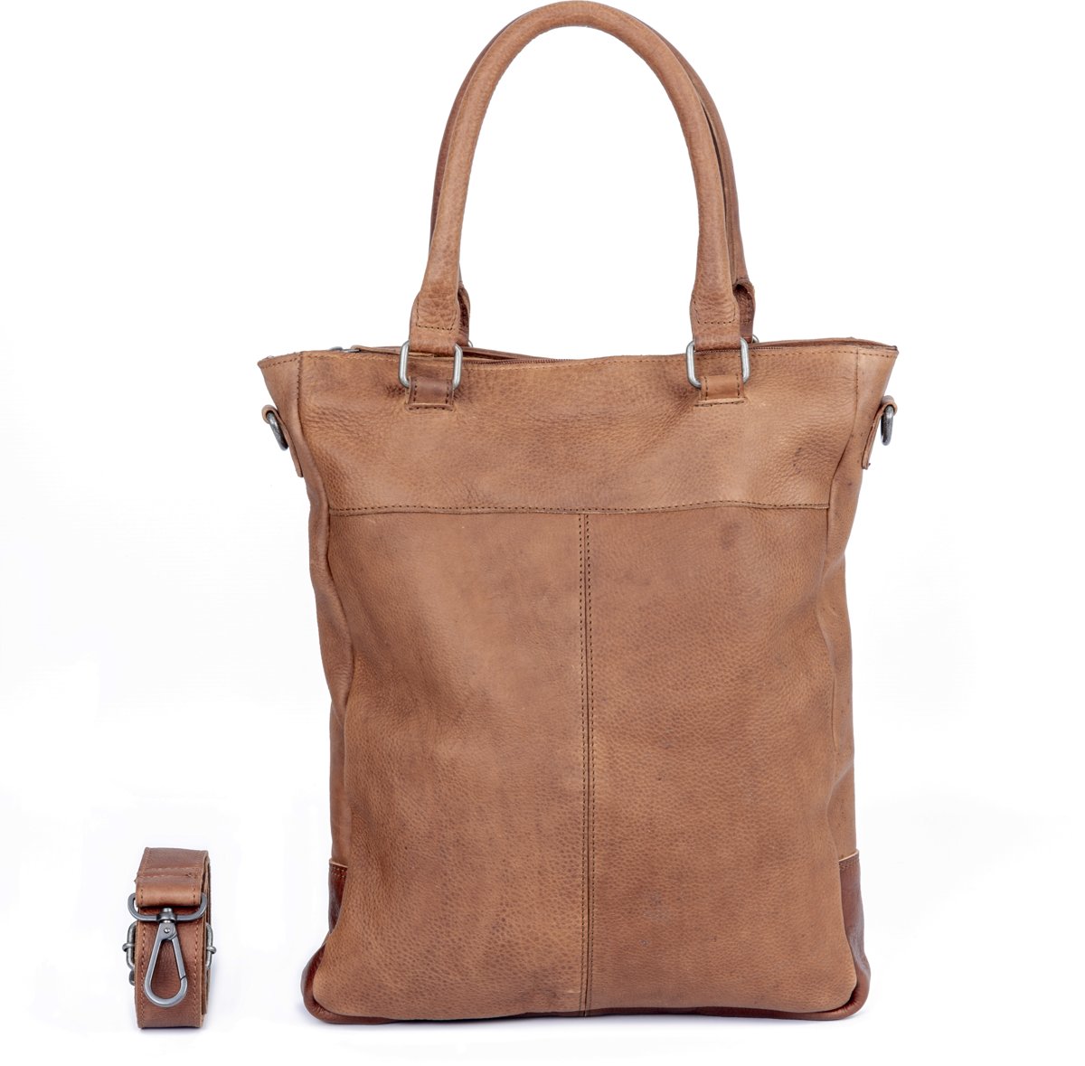 DSTRCT Raider leren big shopper - 15,6 inch laptopvak met rits - Schoudertas - Sleutelhanger - Cognac