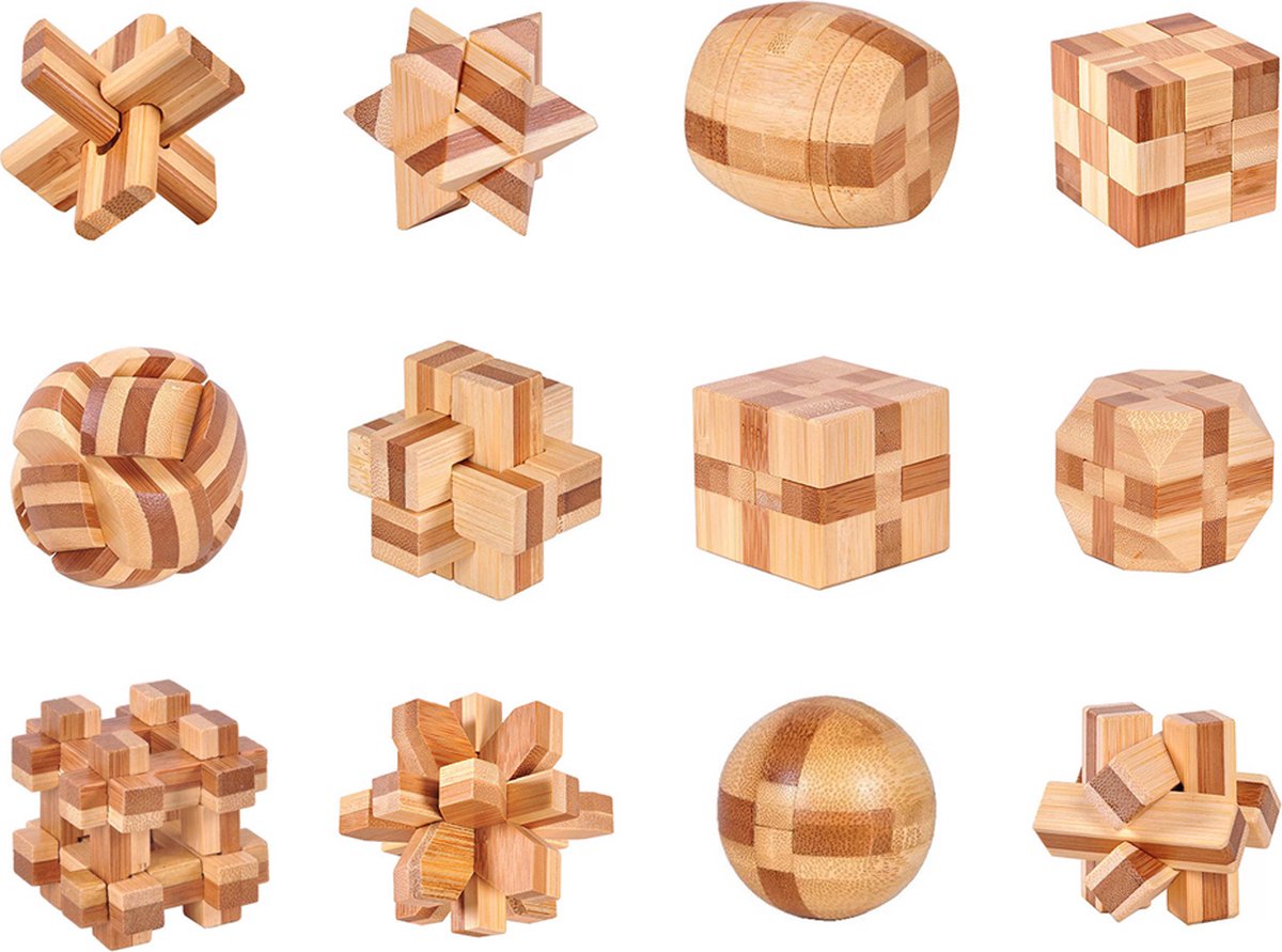 DW4Trading 3D Bamboo Breinpuzzels Kruis, Ster, Barrel, Sneeuwvlok, Bol, Complex 1-2, Kubus1-2-3, Knoop 1-2 - Set van 12 Stuks - 5x5 cm